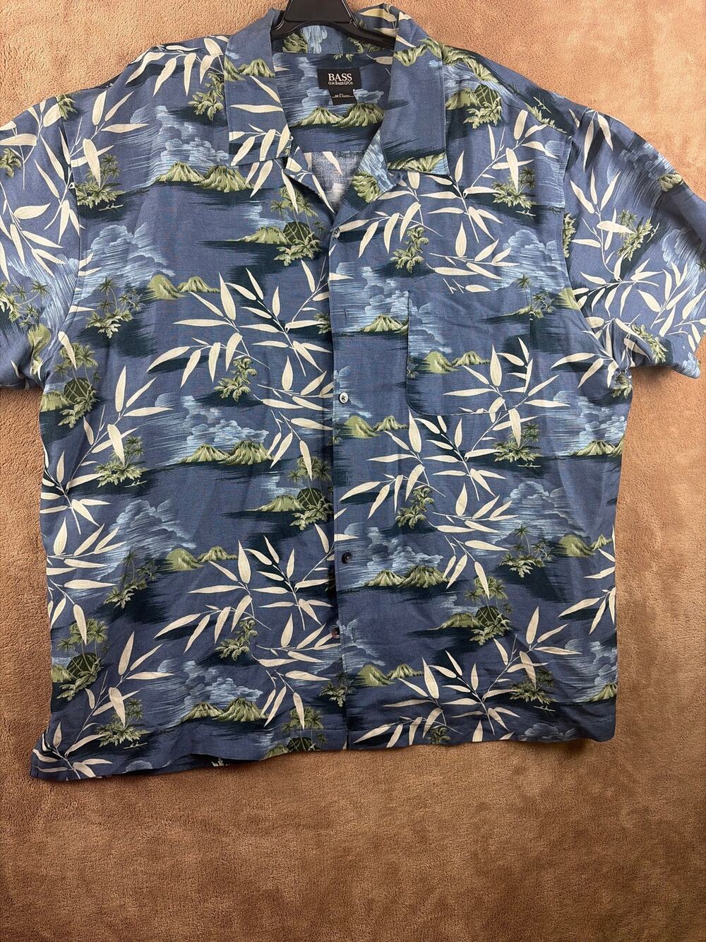GH Bass Mens XL Hawaiian Camp Shirt Blue Tropical Landscape Bamboo Palm Leaf SS